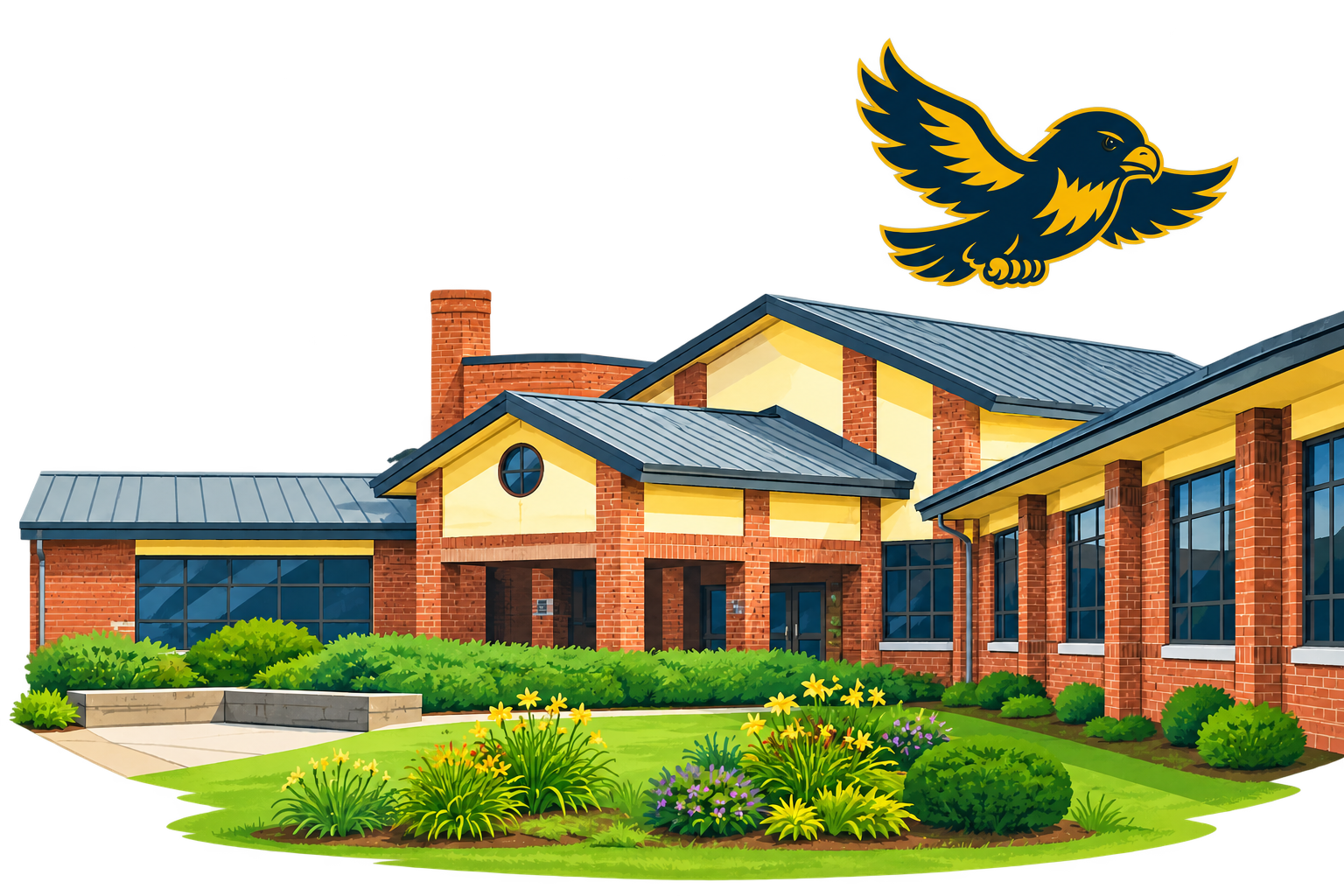Hadley Elementary School with a navy-and-gold hawk flying above the building