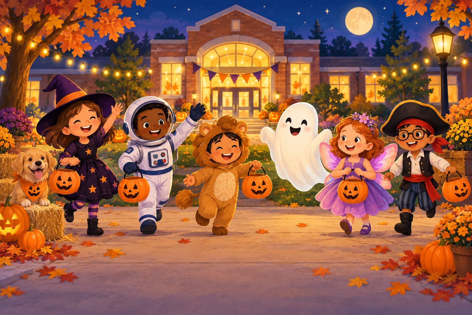 Costumed children celebrating Halloween outside a school