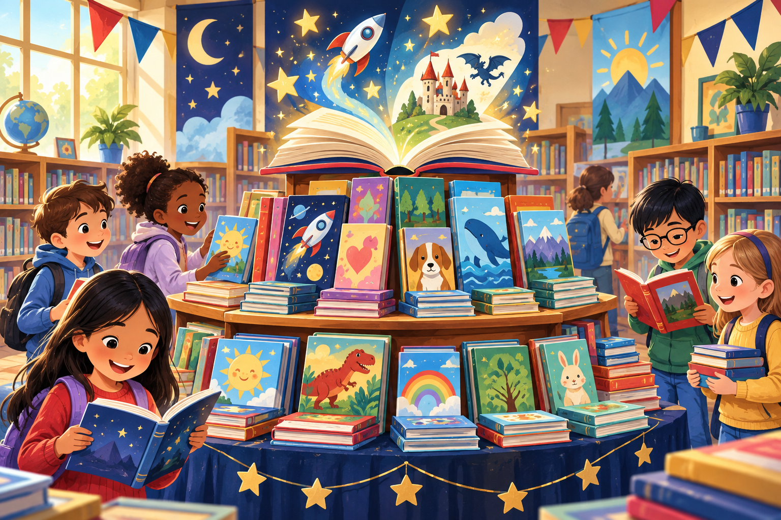 Children exploring colorful books at a school book fair